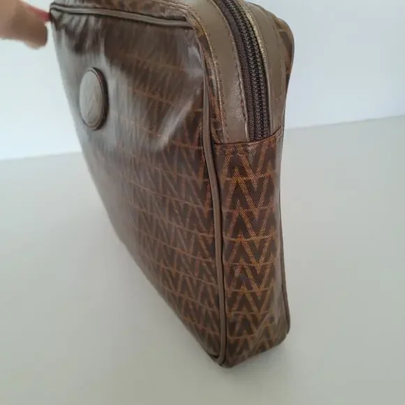 Mario Valentino Bag Clutch Unisex Vintage Pouch Zip Italian Brown Logo Handbag - Picture 7 of 12